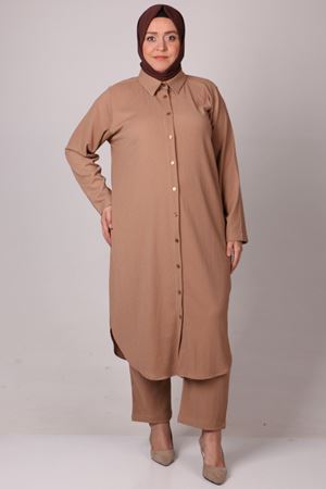 37013 Büyük Beden Düğmeli Bürümcük Pantolonlu Takım - Vizon