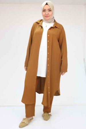 37013 Büyük Beden Bürümcük Pantolonlu Takım - Taba