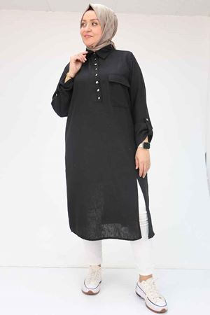 58055 Büyük Beden Yarım Patlı Düğmeli Keten Tunik - Siyah