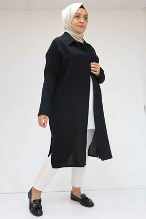 F-58064 Büyük Beden Müslin Düşük Kol Gömlek - Siyah