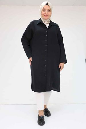 F-58064 Büyük Beden Müslin Düşük Kol Gömlek - Siyah