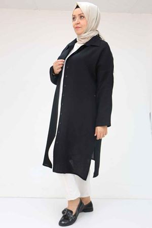 F-58064 Büyük Beden Müslin Düşük Kol Gömlek - Siyah