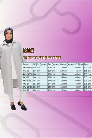 F-58064 Büyük Beden Müslin Düşük Kol Gömlek - Siyah