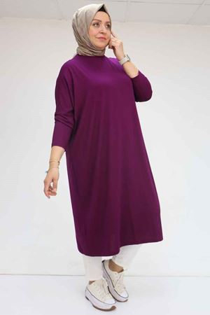 28095 Büyük Beden Düşük Kol Penye Uzun Tunik - Mürdüm
