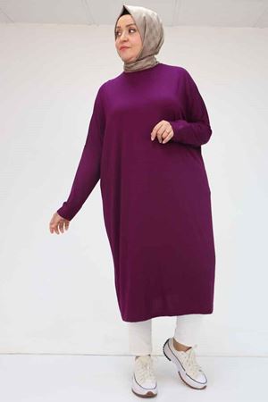 28095 Büyük Beden Düşük Kol Penye Uzun Tunik - Mürdüm
