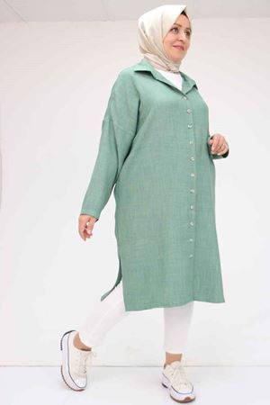 58065 Büyük Beden Melanj Keten Düşük Kol Gömlek - Nefti