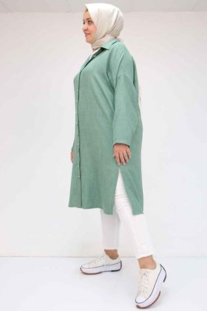 58065 Büyük Beden Melanj Keten Düşük Kol Gömlek - Nefti