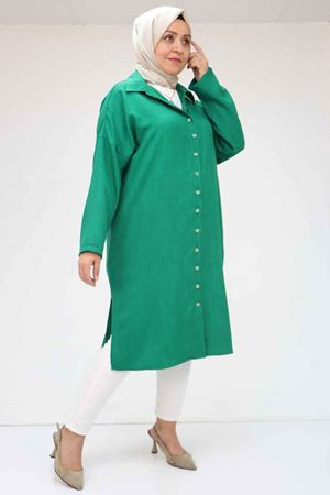 58065 Büyük Beden Melanj Keten Düşük Kol Gömlek - Beneton