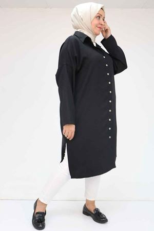 58065 Büyük Beden Melanj Keten Düşük Kol Gömlek - Siyah