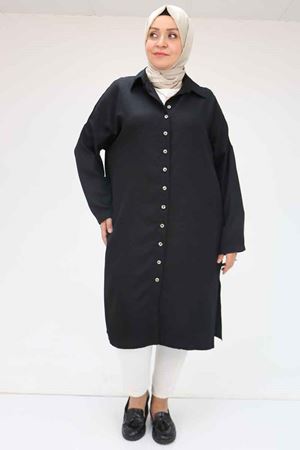 58065 Büyük Beden Melanj Keten Düşük Kol Gömlek - Siyah