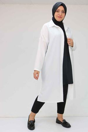 58065 Büyük Beden Melanj Keten Düşük Kol Gömlek - Ekru