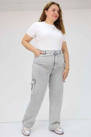 49031 Büyük Beden Yan Cepli Kot Pantolon - Kar Yıkama Gri