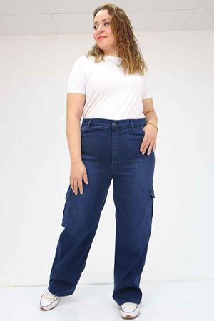 49031 Büyük Beden Yan Cepli Kot Pantolon - Spreyli Lacivert