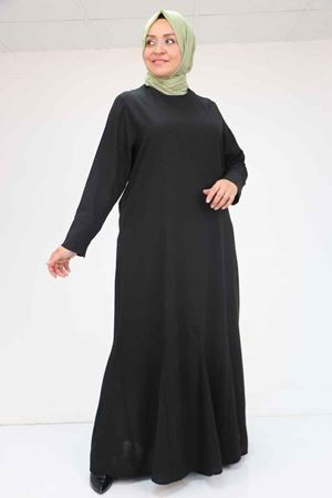 F-52003 Büyük Beden Kalın Manşetli Keten Elbise - Siyah