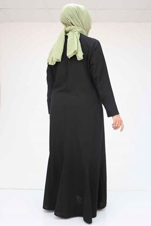 F-52003 Büyük Beden Kalın Manşetli Keten Elbise - Siyah