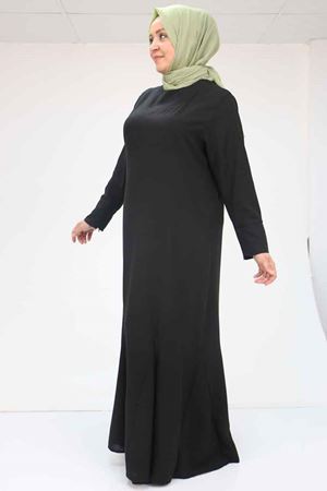 F-52003 Büyük Beden Kalın Manşetli Keten Elbise - Siyah