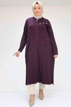 F-53012 Büyük Beden Beyoğlu Taş Detaylı Fermuarlı Penye Ceket - Mor