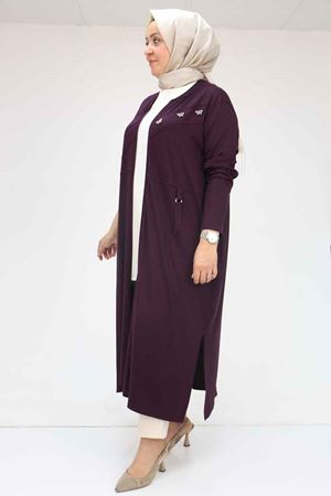 F-53012 Büyük Beden Beyoğlu Taş Detaylı Fermuarlı Penye Ceket - Mor