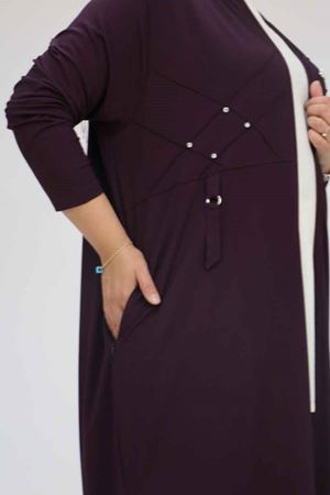 F-53012 Büyük Beden Beyoğlu Taş Detaylı Fermuarlı Penye Ceket - Mor