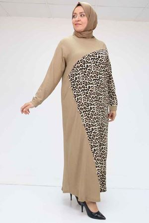 F-52011 Büyük Beden Renk Garnili Taş Detaylı Elbise - Vizon-Bej