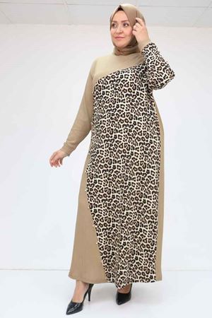 F-52011 Büyük Beden Renk Garnili Taş Detaylı Elbise - Vizon-Bej