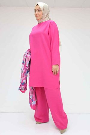 57301 Büyük Beden Farklı Kumaş Kombinli Üçlü Takım - Fuşya