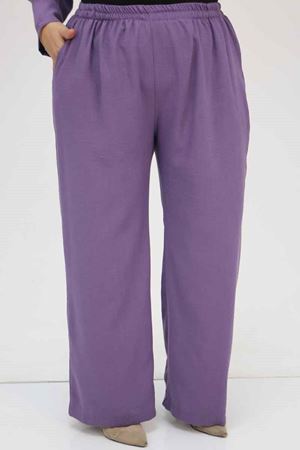 57301 Büyük Beden Farklı Kumaş Kombinli Üçlü Takım - Lila