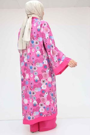 57301 Büyük Beden Farklı Kumaş Kombinli Üçlü Takım - Fuşya