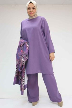 57301 Büyük Beden Farklı Kumaş Kombinli Üçlü Takım - Lila