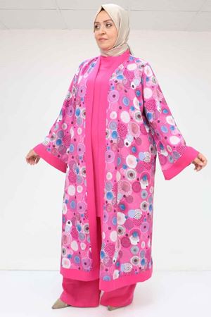57301 Büyük Beden Farklı Kumaş Kombinli Üçlü Takım - Fuşya