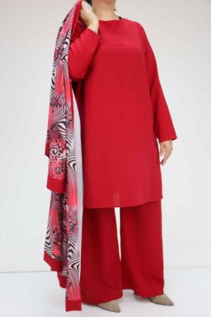 57301 Büyük Beden Farklı Kumaş Kombinli Üçlü Takım - Bordo