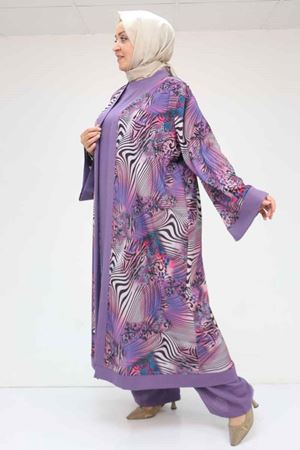 57301 Büyük Beden Farklı Kumaş Kombinli Üçlü Takım - Lila