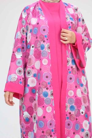 57301 Büyük Beden Farklı Kumaş Kombinli Üçlü Takım - Fuşya