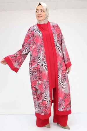 57301 Büyük Beden Farklı Kumaş Kombinli Üçlü Takım - Bordo