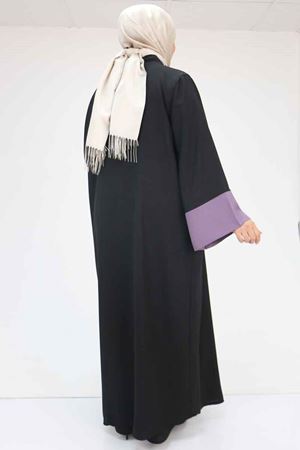 57206 Büyük Beden Garni Detaylı Etamin Elbiseli Abaya - Siyah-Lila