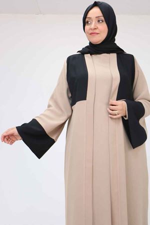 57206 Büyük Beden Garni Detaylı Etamin Elbiseli Abaya - Siyah-Vizon