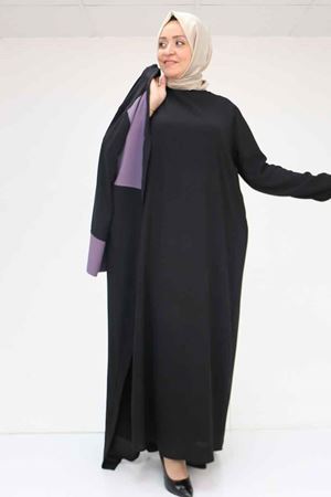 57206 Büyük Beden Garni Detaylı Etamin Elbiseli Abaya - Siyah-Lila
