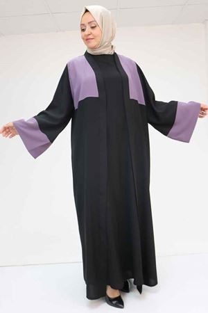 57206 Büyük Beden Garni Detaylı Etamin Elbiseli Abaya - Siyah-Lila