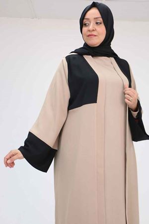 57206 Büyük Beden Garni Detaylı Etamin Elbiseli Abaya - Siyah-Vizon