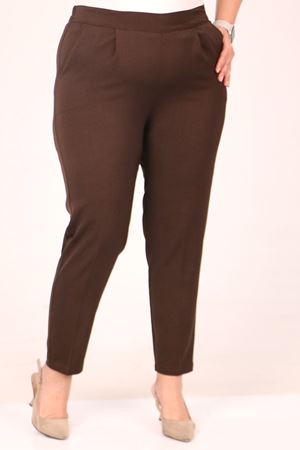 F-49004 Büyük Beden Beli Lastikli Pile Detaylı Aspen Pantolon - Kahverengi