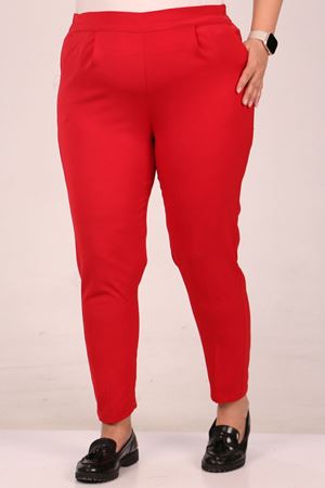 F-49004 Büyük Beden Beli Lastikli Pile Detaylı Aspen Pantolon - Kırmızı