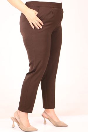 F-49004 Büyük Beden Beli Lastikli Pile Detaylı Aspen Pantolon - Kahverengi
