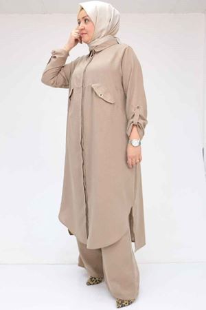 57024 Büyük Beden Erkek Yakalı Önü Patlı Pantolonlu Takım - Vizon