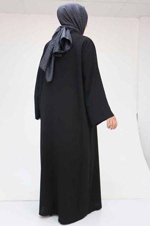 57210 Büyük Beden Renge Renk Garni Detaylı Abaya Takım - Siyah
