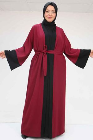 57204 Büyük Beden Patı Garnili Etamin Elbiseli Abaya - Bordo-Siyah