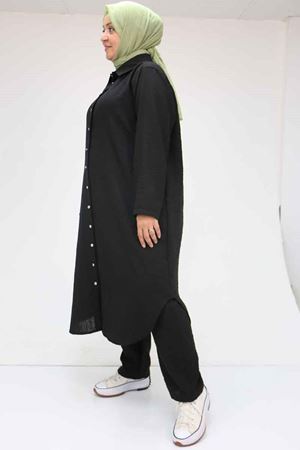 F-57020 Büyük Beden Boydan Düğmeli Keten Pantolonlu Takım - Siyah