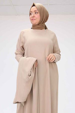 57210 Büyük Beden Renge Renk Garni Detaylı Abaya Takım - Vizon