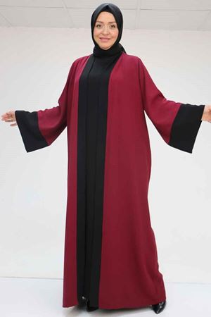 57204 Büyük Beden Patı Garnili Etamin Elbiseli Abaya - Bordo-Siyah