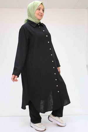 F-57020 Büyük Beden Boydan Düğmeli Keten Pantolonlu Takım - Siyah