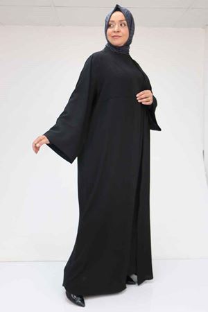 57210 Büyük Beden Renge Renk Garni Detaylı Abaya Takım - Siyah